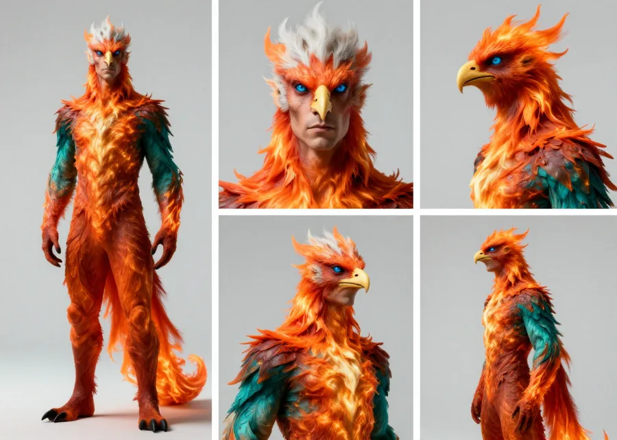 A character reference sheet generated by Kynd: one full-length front view, two head-and-shoulders portraits, a closer three-quarter view and a full-length side view of the same figure