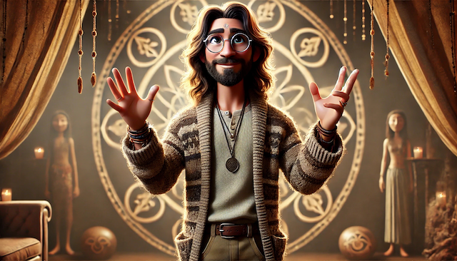An animated portrait of Kynd’s maker in a golden theatrical room