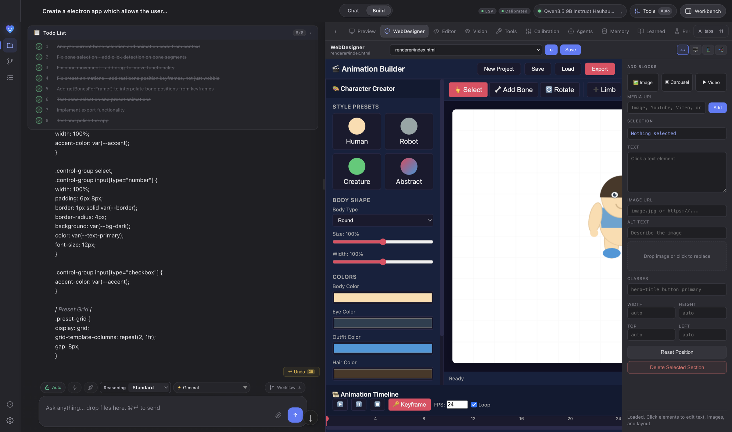 A real Build session: the agent's completed checklist beside the app it built, running in Live Preview.